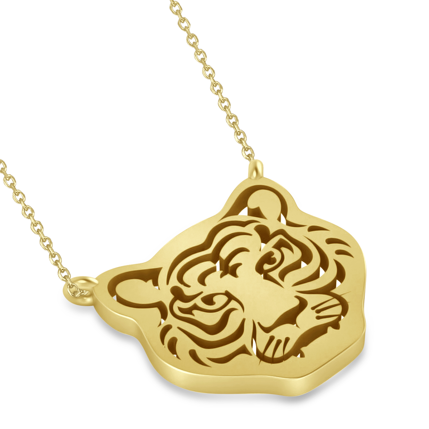 Tiger's Face Shaped Charm Pendant Necklace 14k Yellow Gold