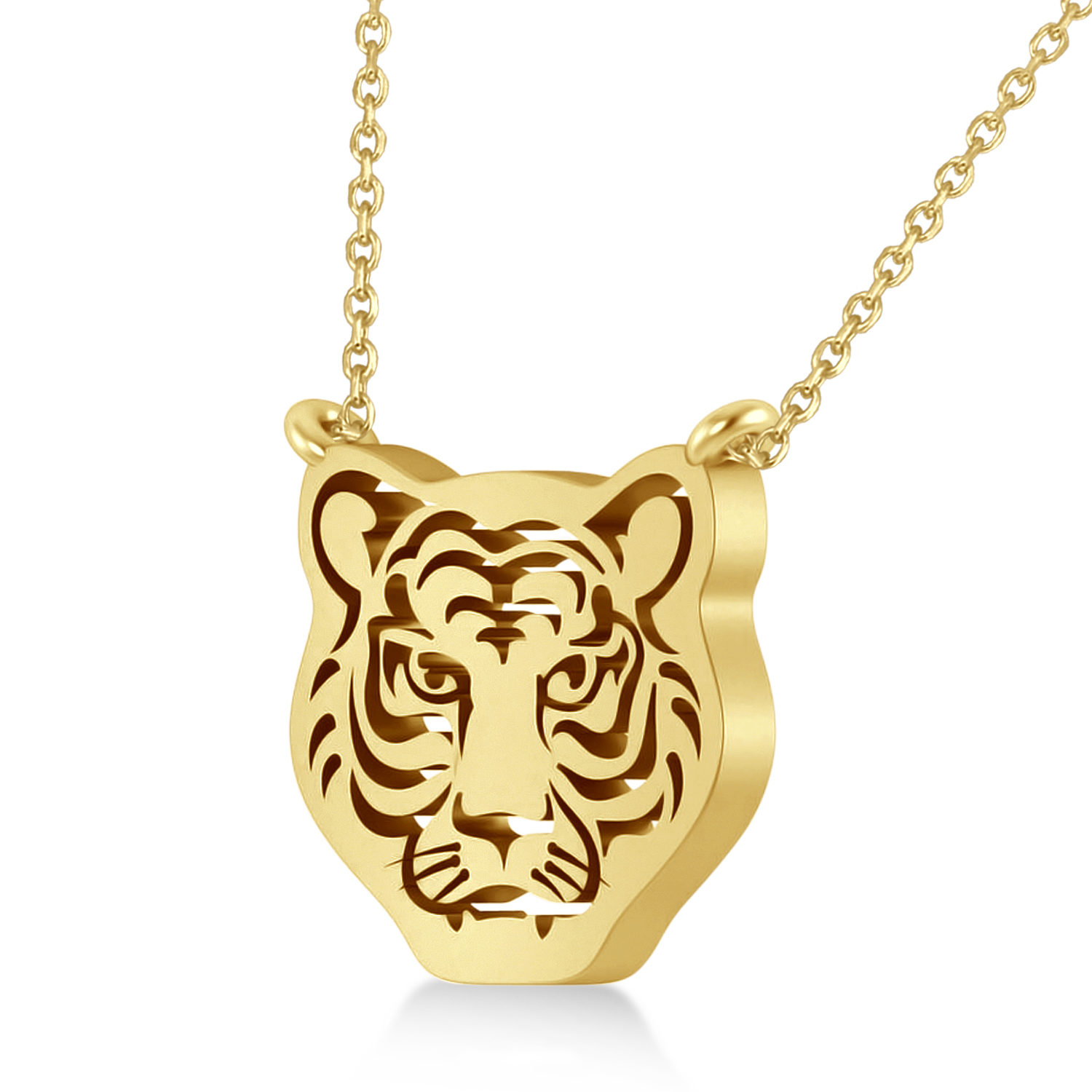 Tiger's Face Shaped Charm Pendant Necklace 14k Yellow Gold