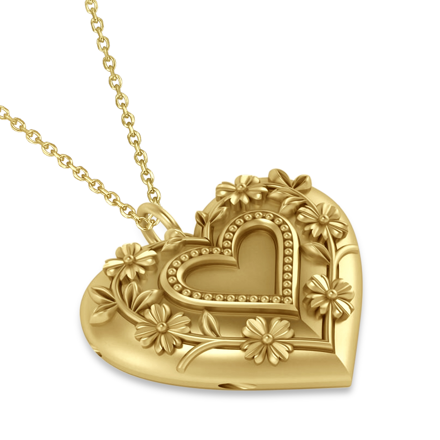 Floral Heart Locket Necklace 14k Yellow Gold