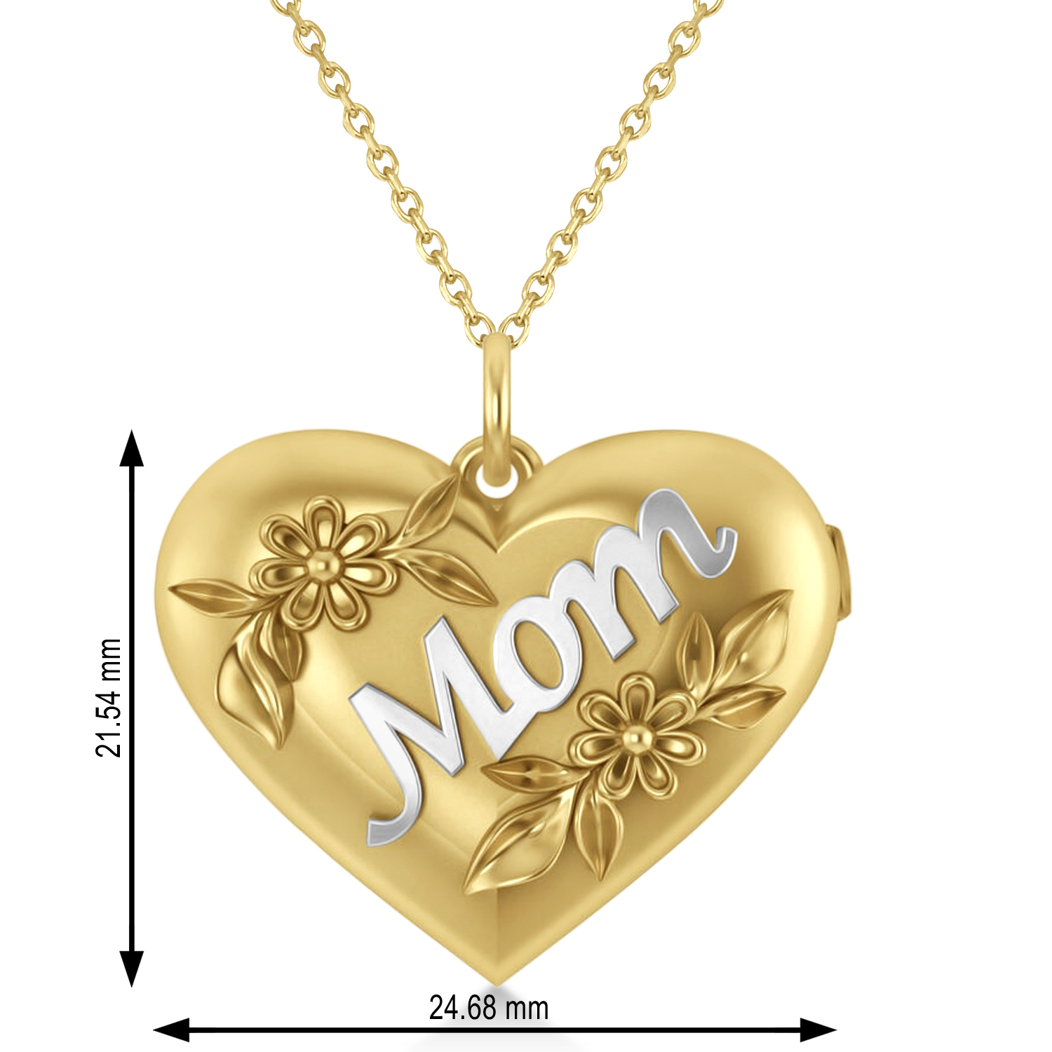 Flower Adorned Mom Heart Locket Necklace 14k Yellow Gold