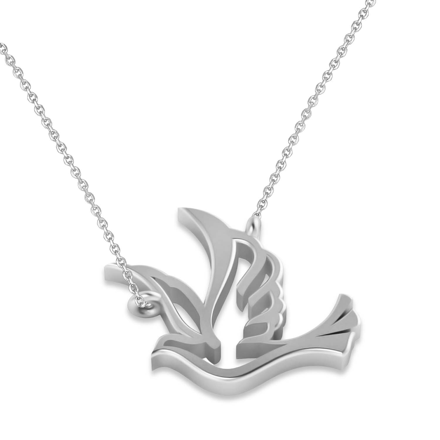 Flying Dove Bird Charm Pendant Necklace 14K White Gold