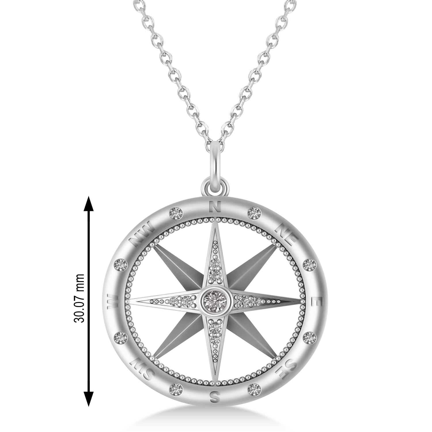 Compass Necklace Pendant For Men Diamond Accented 14k White Gold (0.38ct)