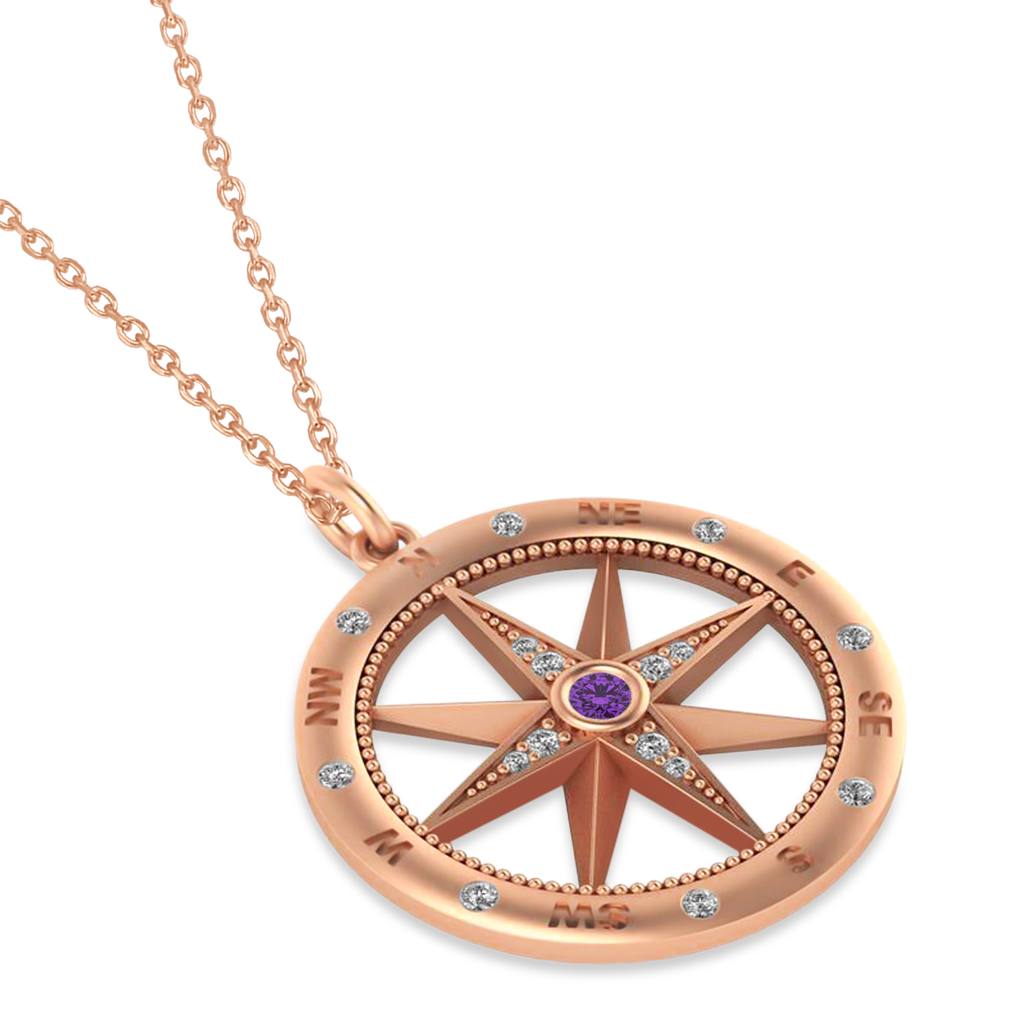 Compass Pendant For Men Amethyst & Diamond Accented 14k Rose Gold (0.38ct)