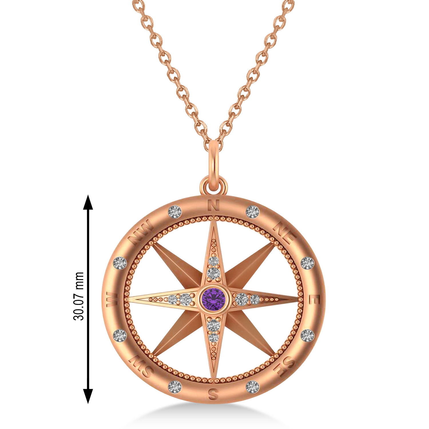 Compass Pendant For Men Amethyst & Diamond Accented 14k Rose Gold (0.38ct)