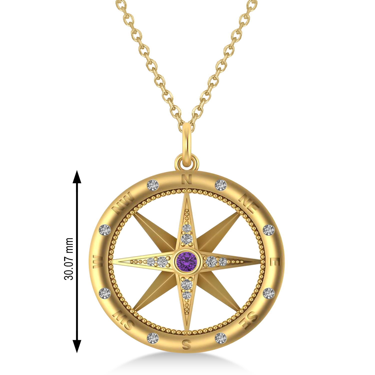 Compass Pendant For Men Amethyst & Diamond Accented 14k Yellow Gold (0.38ct)