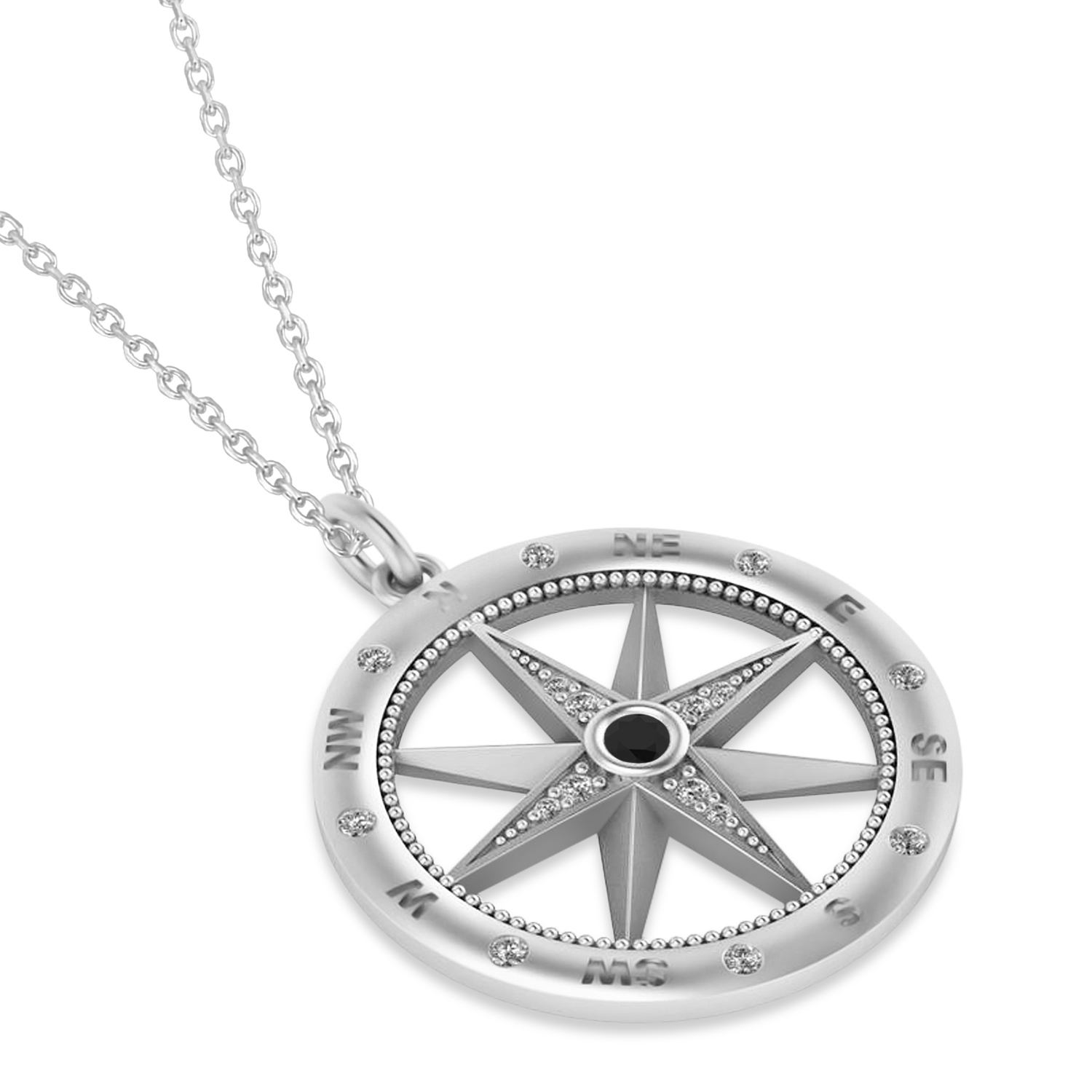 Compass Pendant For Men Black & White Diamond Accented 14k White Gold (0.38ct)