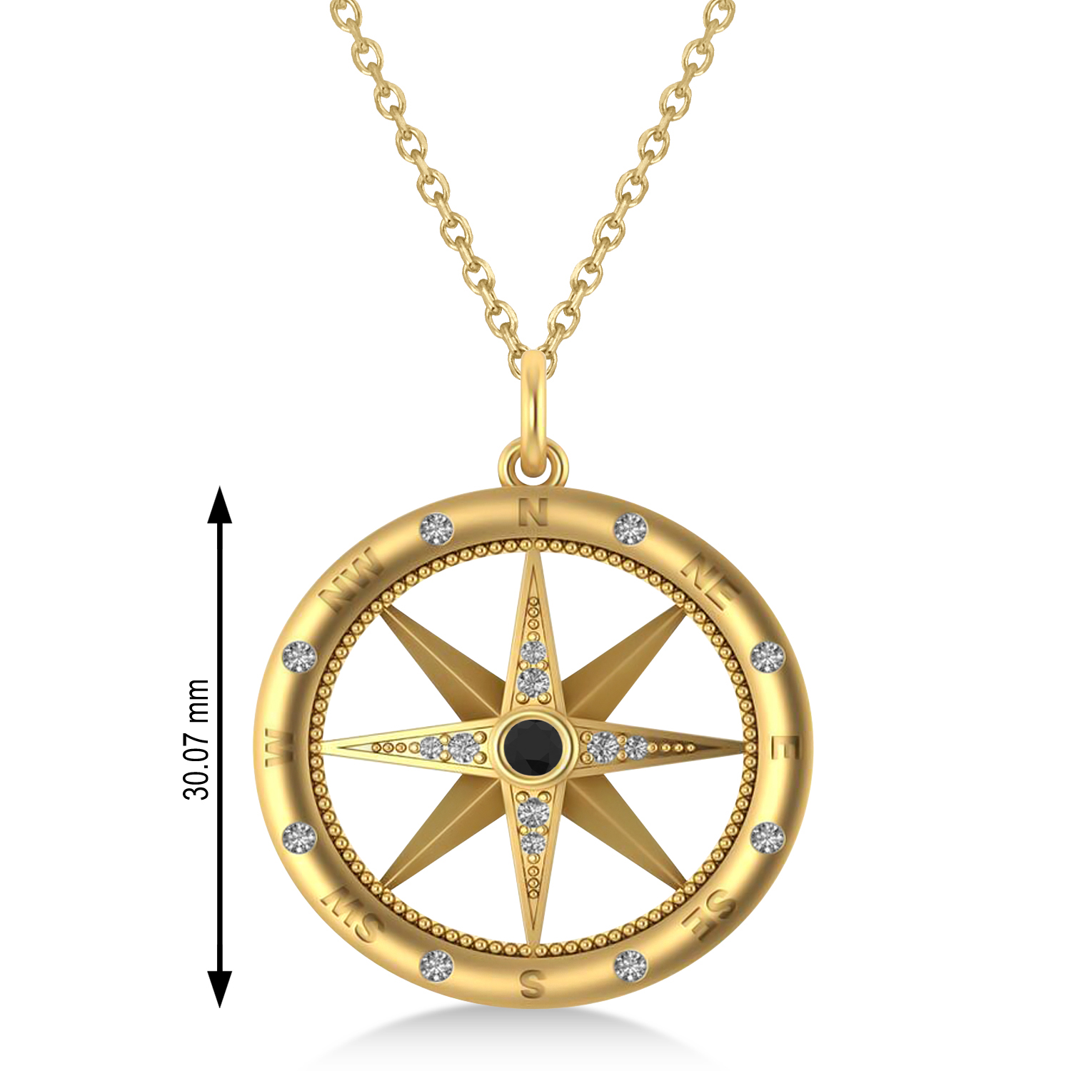 Compass Pendant For Men Black & White Diamond Accented 14k Yellow Gold (0.38ct)