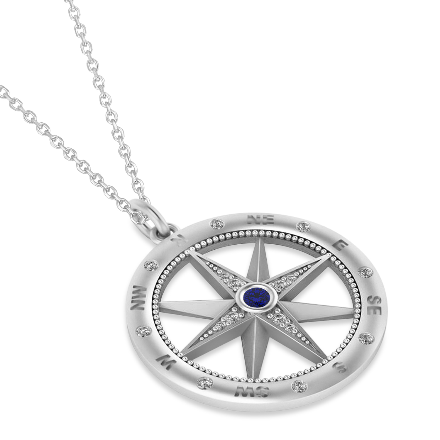 Compass Pendant For Men Blue Sapphire & Diamond Accented 14k White Gold (0.38ct)