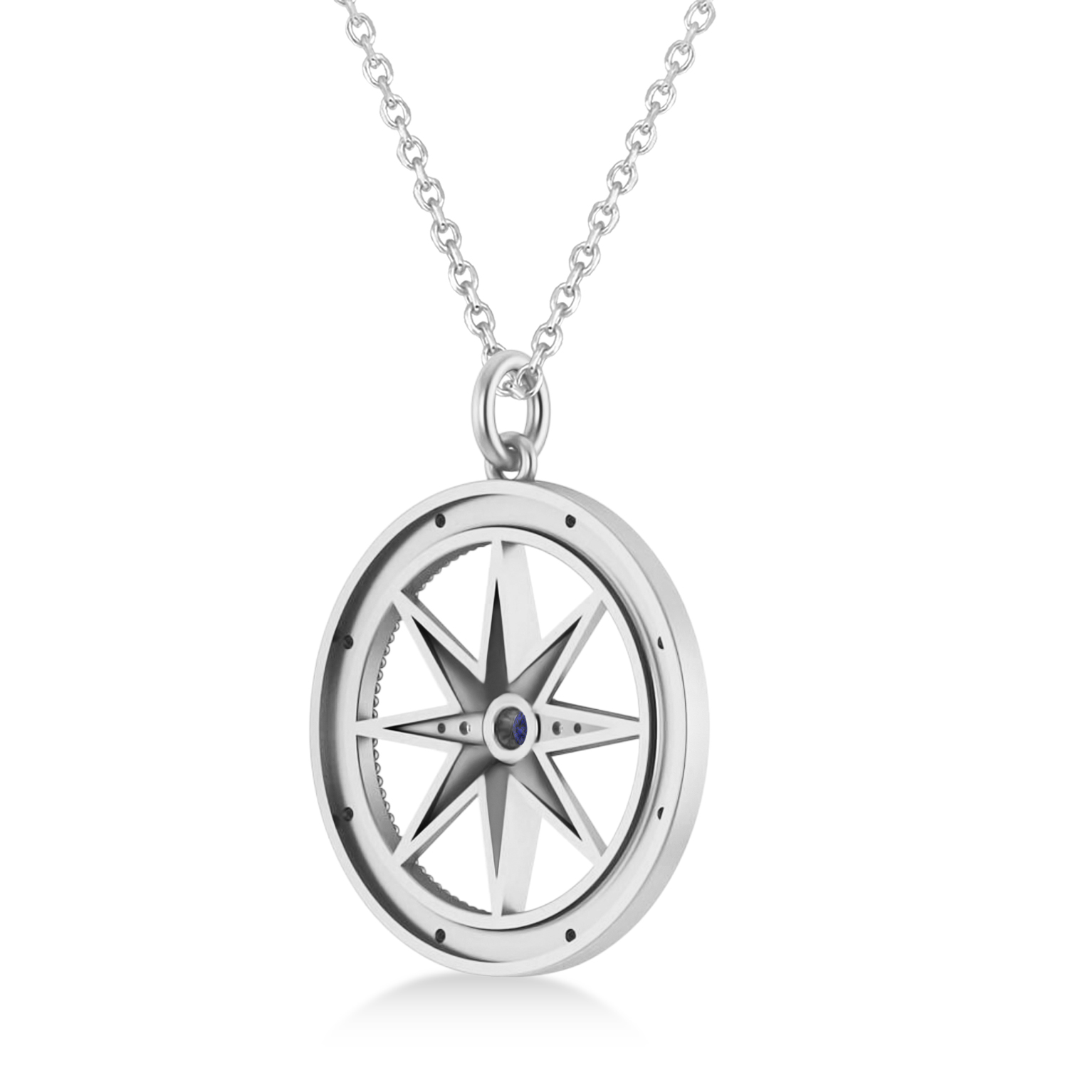 Compass Pendant For Men Blue Sapphire & Diamond Accented 14k White Gold (0.38ct)