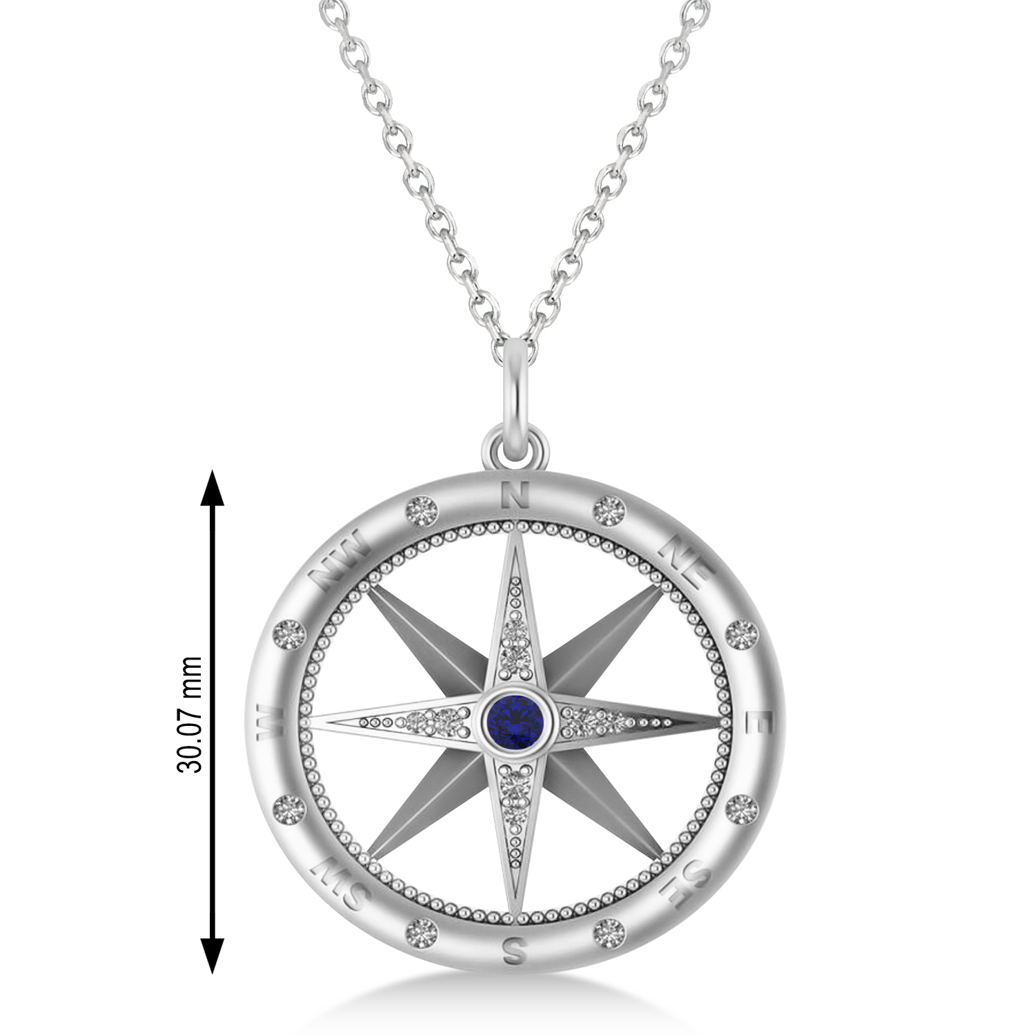 Compass Pendant For Men Blue Sapphire & Diamond Accented 14k White Gold (0.38ct)