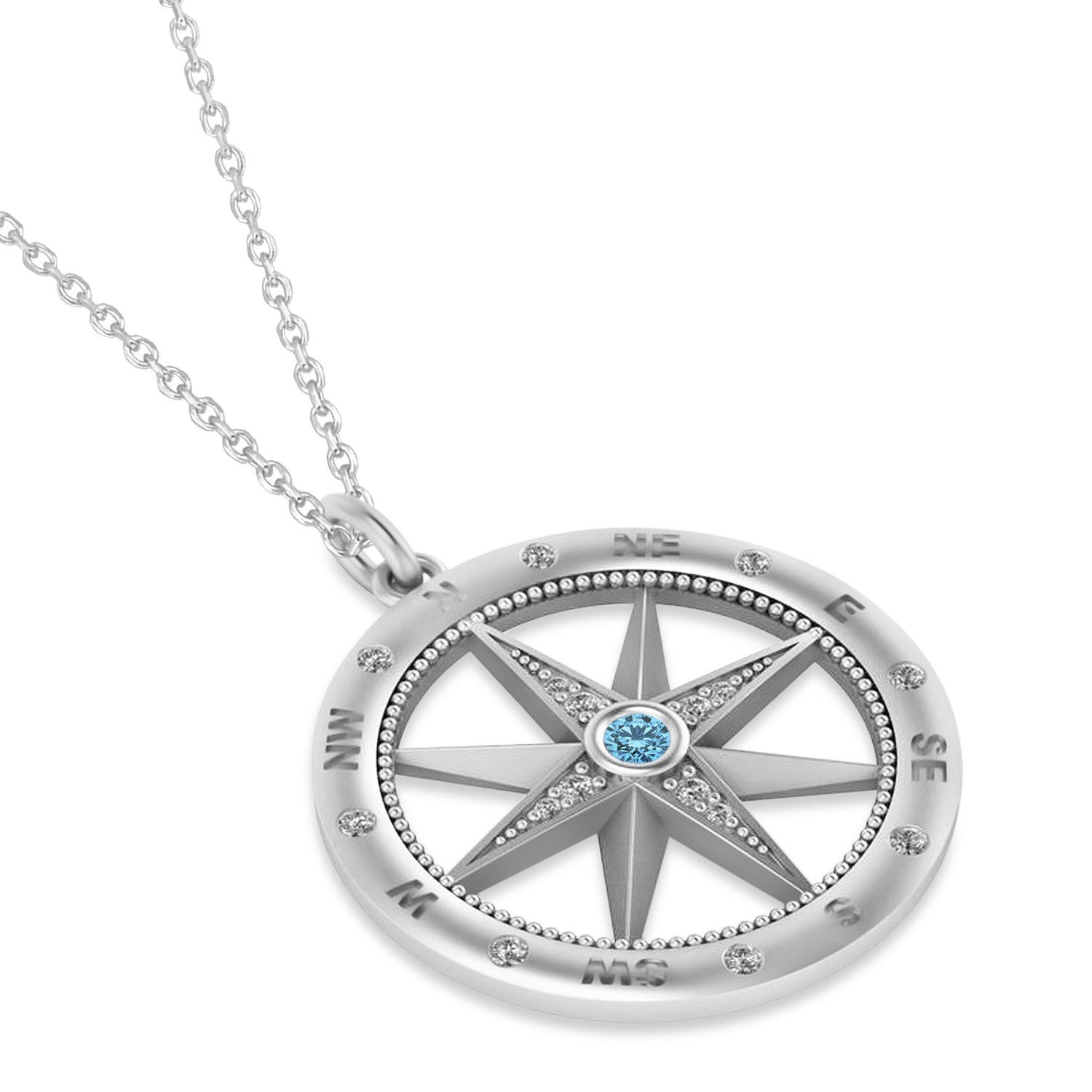 Compass Pendant For Men Blue Topaz & Diamond Accented 14k White Gold (0.38ct)