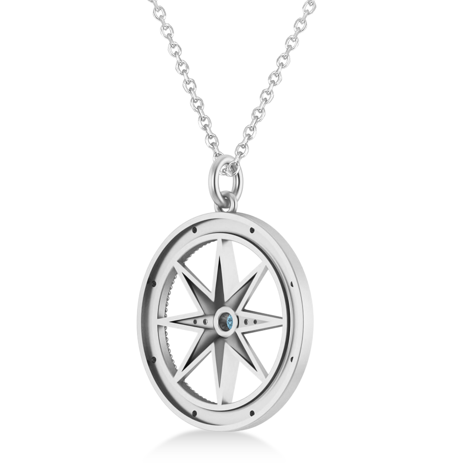 Compass Pendant For Men Blue Topaz & Diamond Accented 14k White Gold (0.38ct)