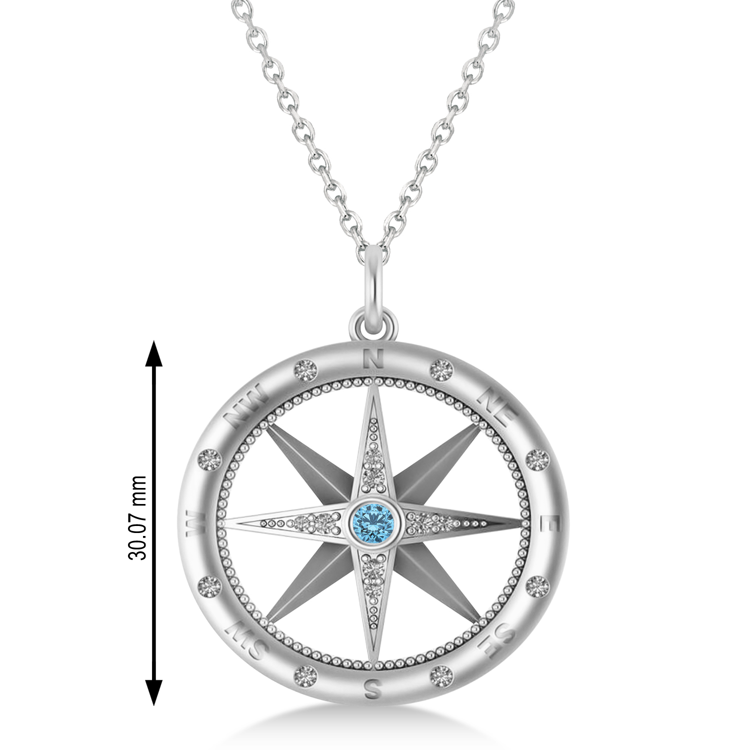 Compass Pendant For Men Blue Topaz & Diamond Accented 14k White Gold (0.38ct)