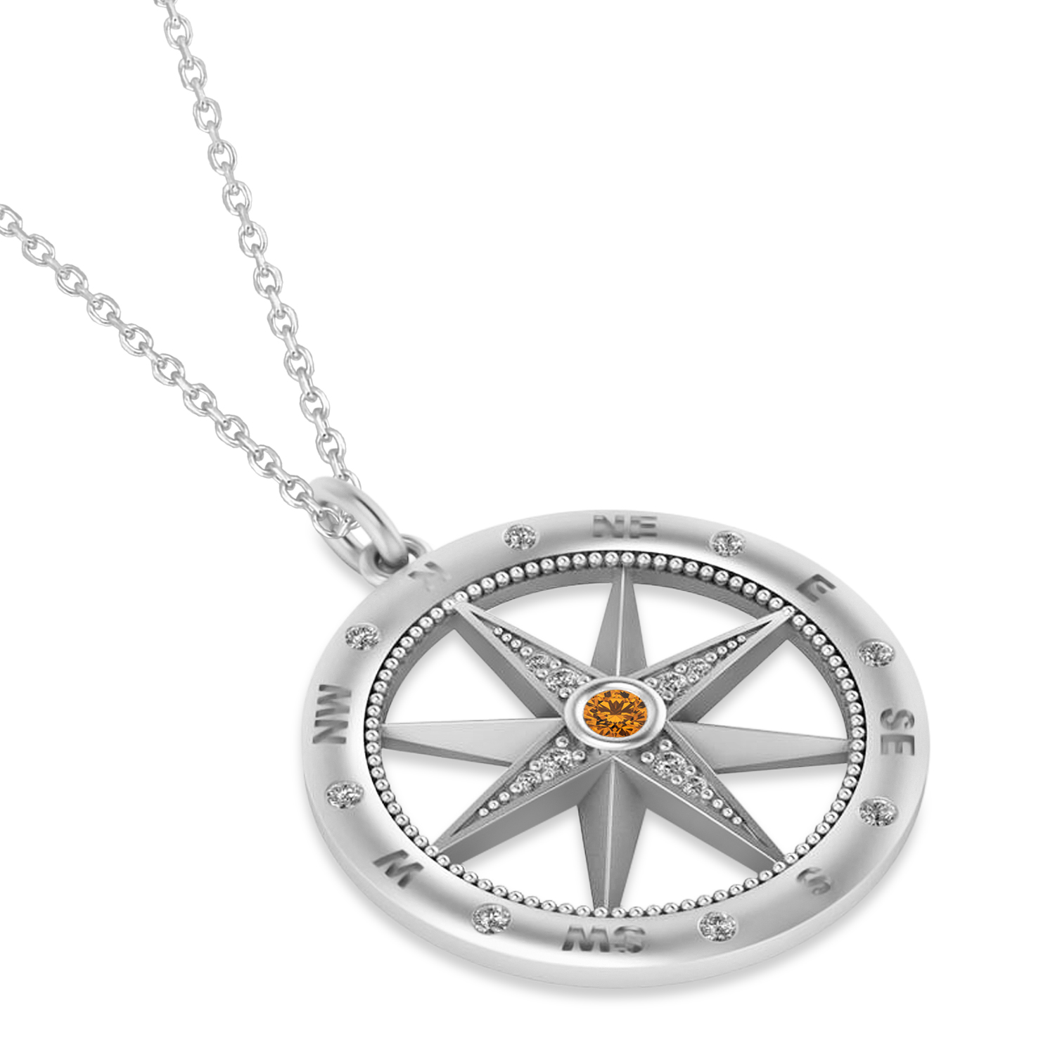Compass Pendant For Men Citrine & Diamond Accented 14k White Gold (0.38ct)
