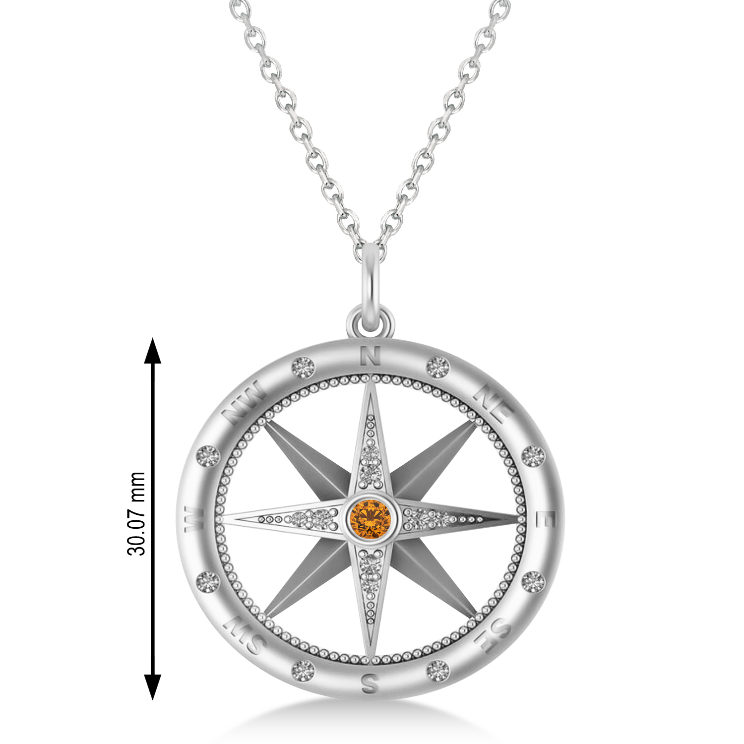 Compass Pendant For Men Citrine & Diamond Accented 14k White Gold (0.38ct)