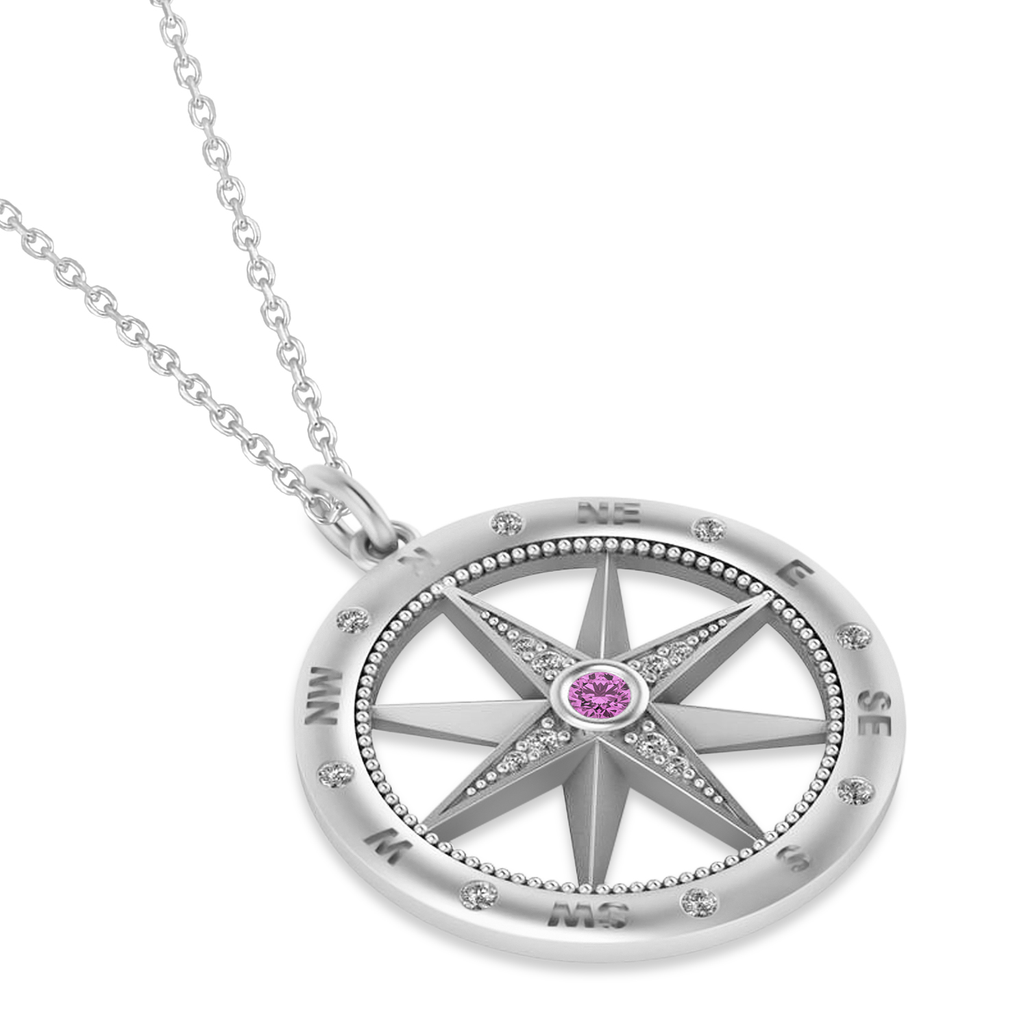Compass Pendant For Men Pink Sapphire & Diamond Accented 14k White Gold (0.38ct)