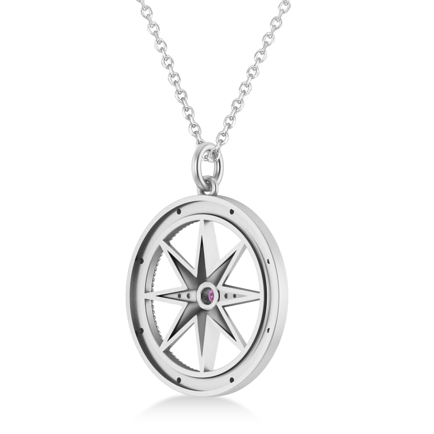 Compass Pendant For Men Pink Sapphire & Diamond Accented 14k White Gold (0.38ct)