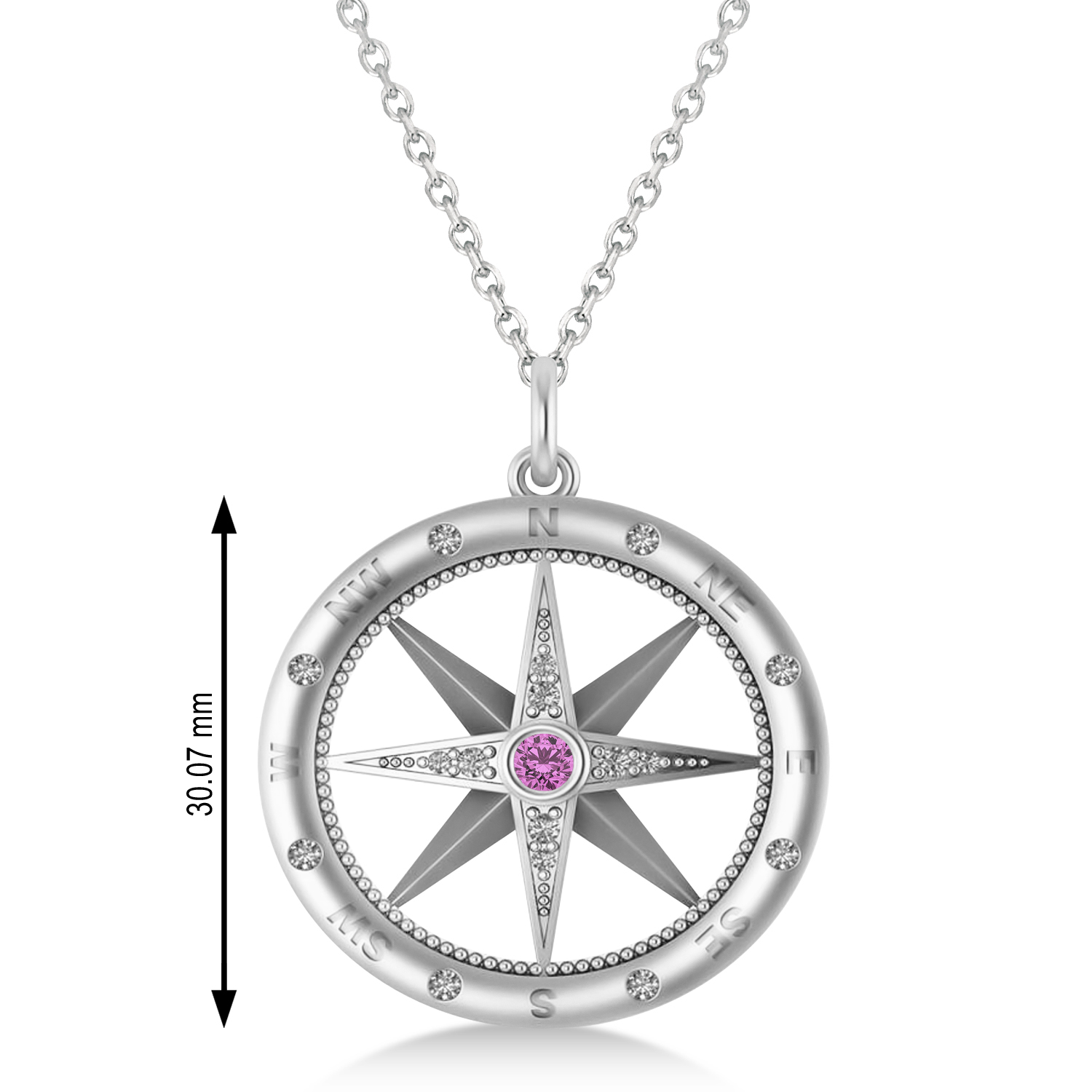Compass Pendant For Men Pink Sapphire & Diamond Accented 14k White Gold (0.38ct)
