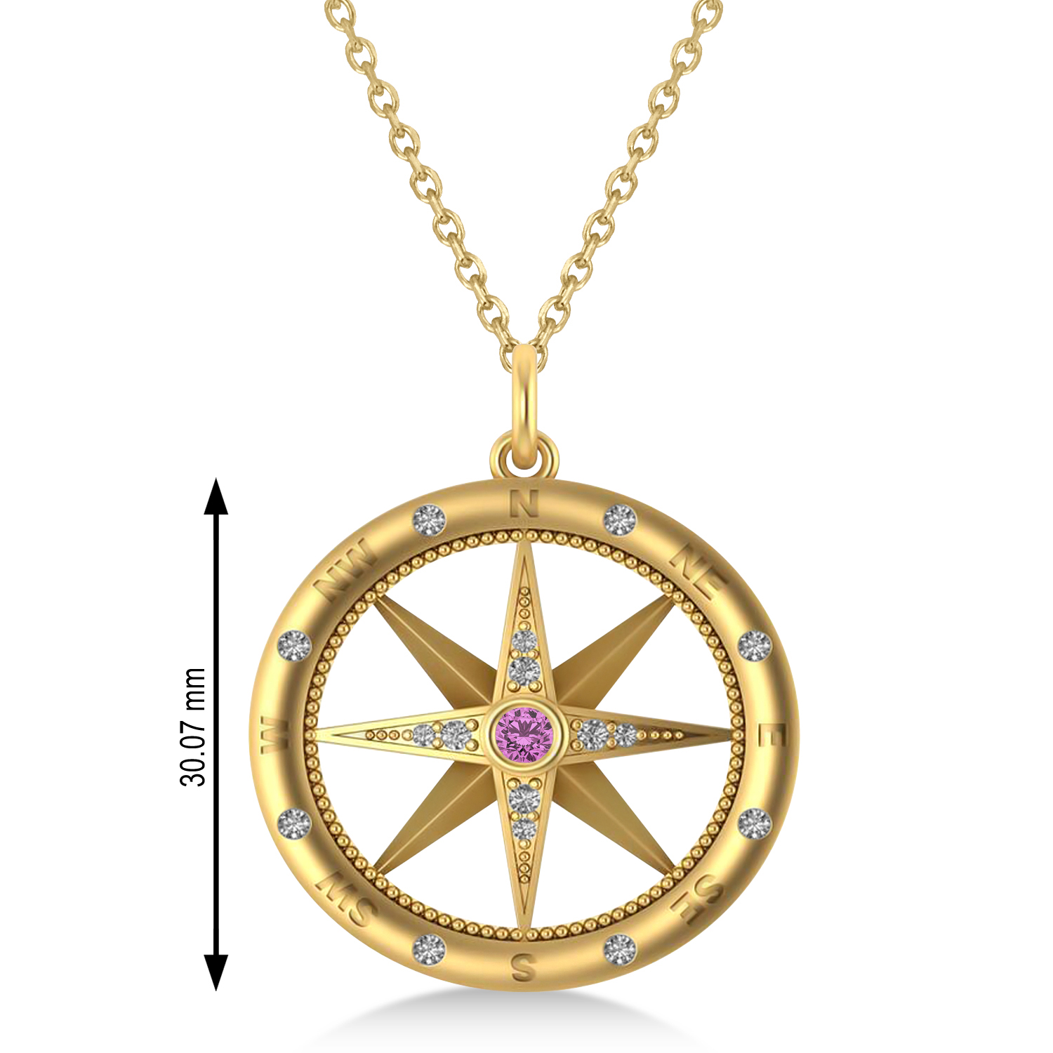 Compass Pendant For Men Pink Sapphire & Diamond Accented 14k Yellow Gold (0.38ct)