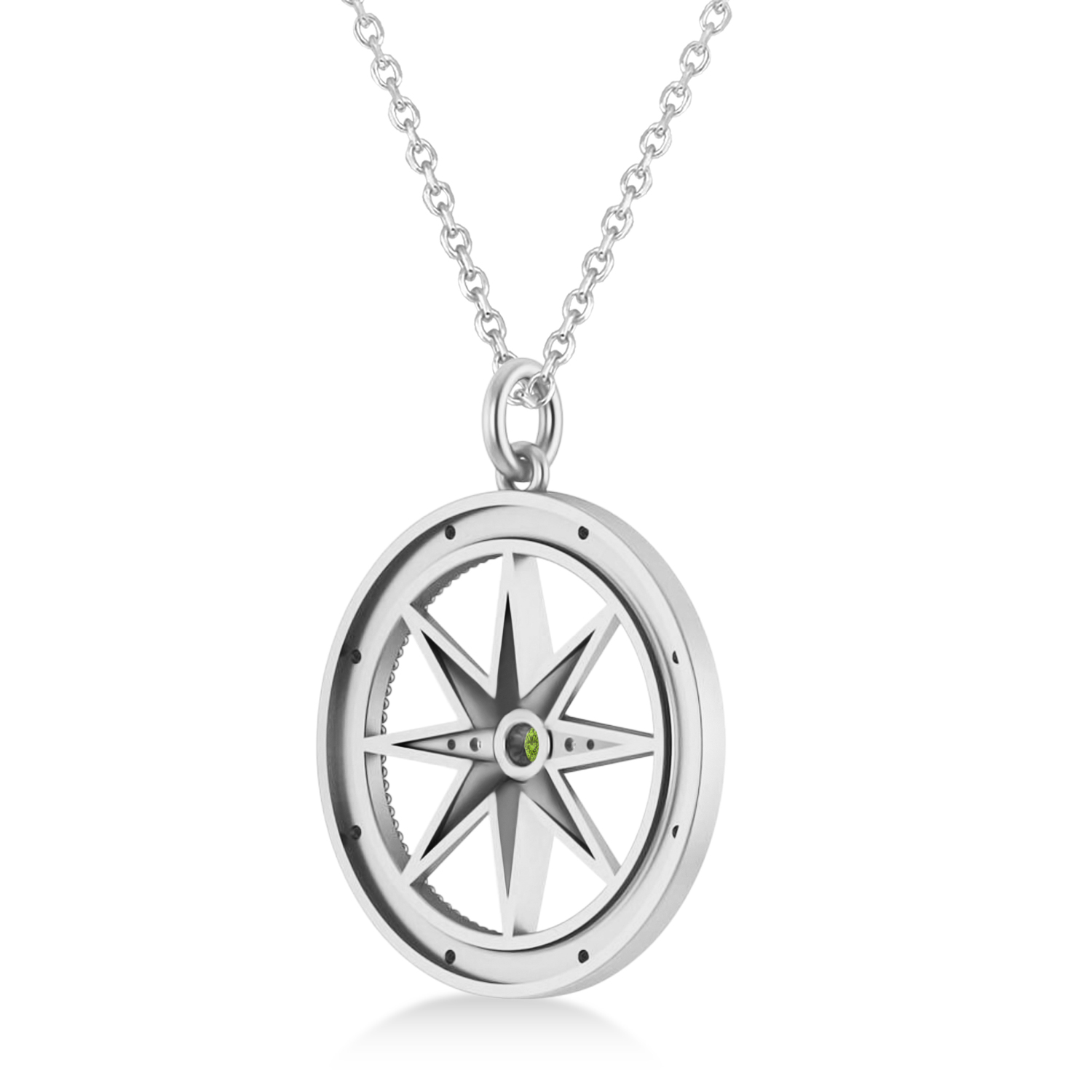 Compass Pendant For Men Peridot & Diamond Accented 14k White Gold (0.38ct)
