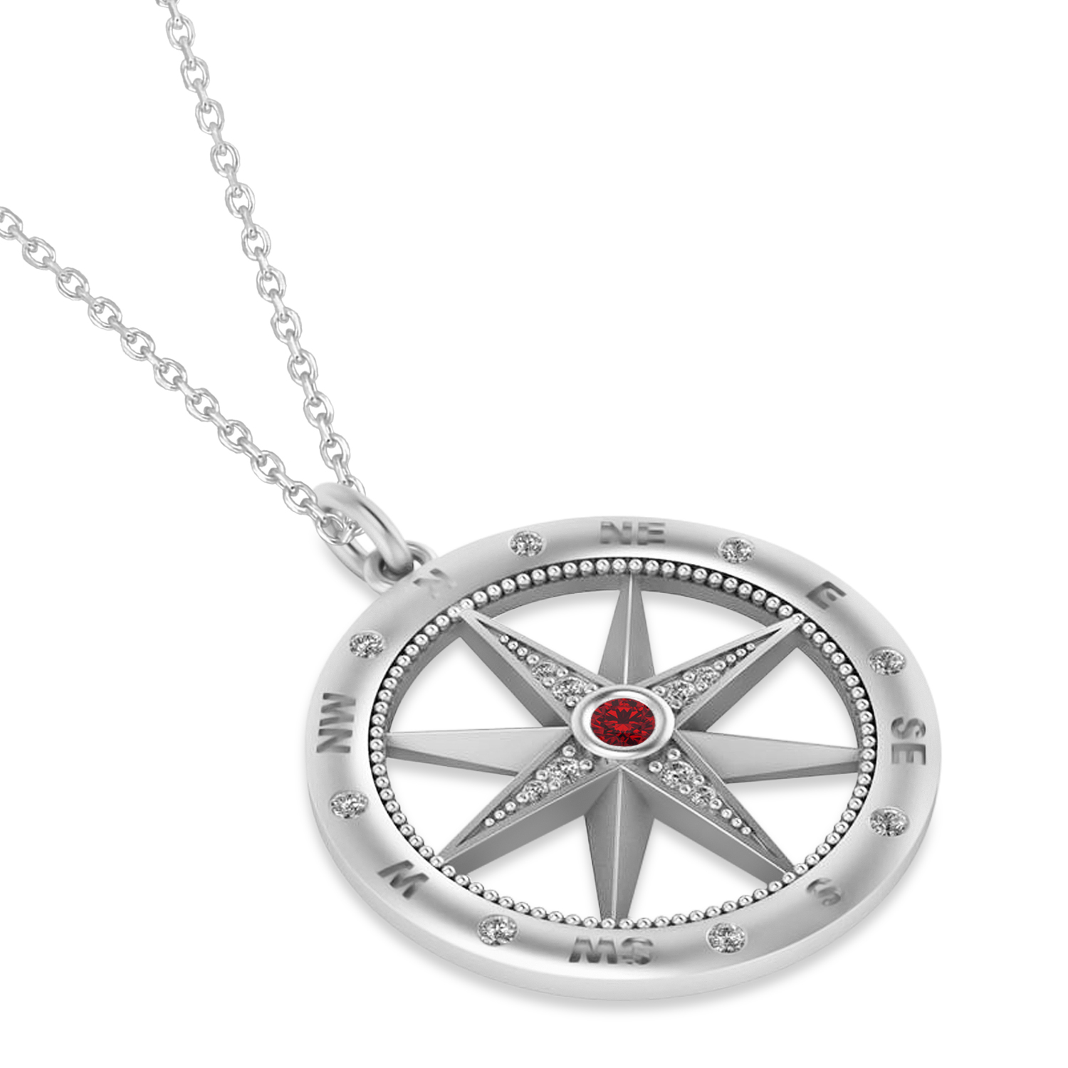 Compass Pendant For Men Ruby & Diamond Accented 14k White Gold (0.38ct)