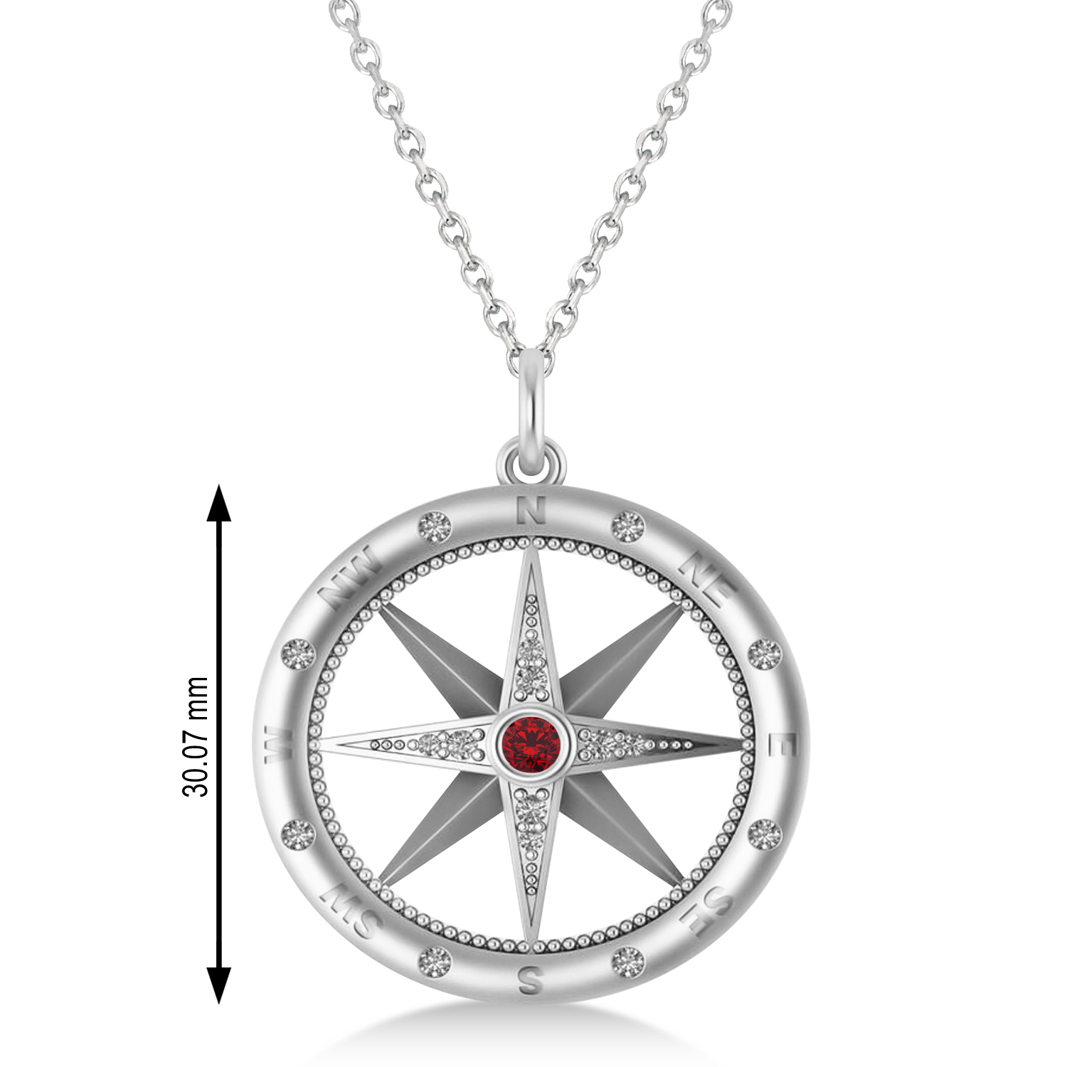 Compass Pendant For Men Ruby & Diamond Accented 14k White Gold (0.38ct)