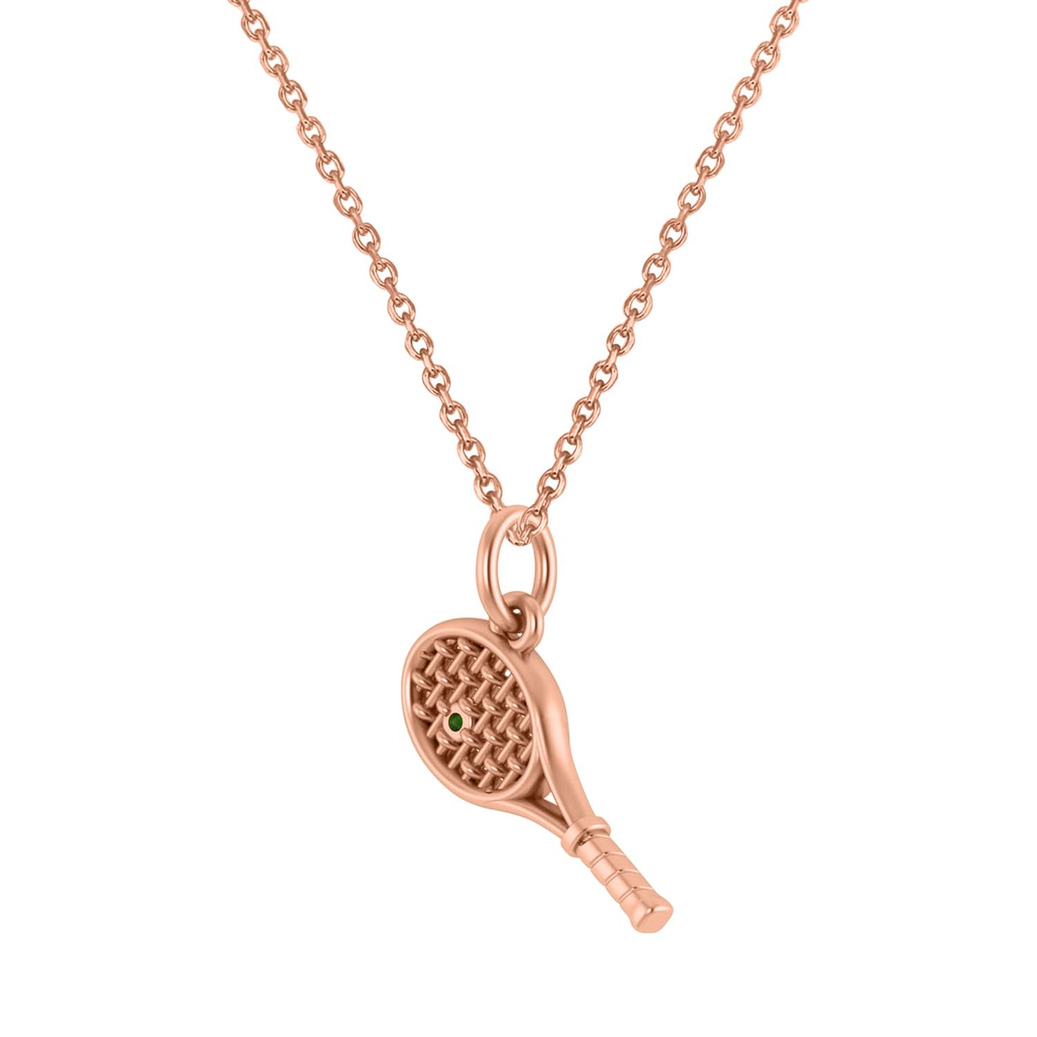 Tennis Racket With  Emerald Ball Charm Pendant Necklace 14K Rose Gold (0.03ct)