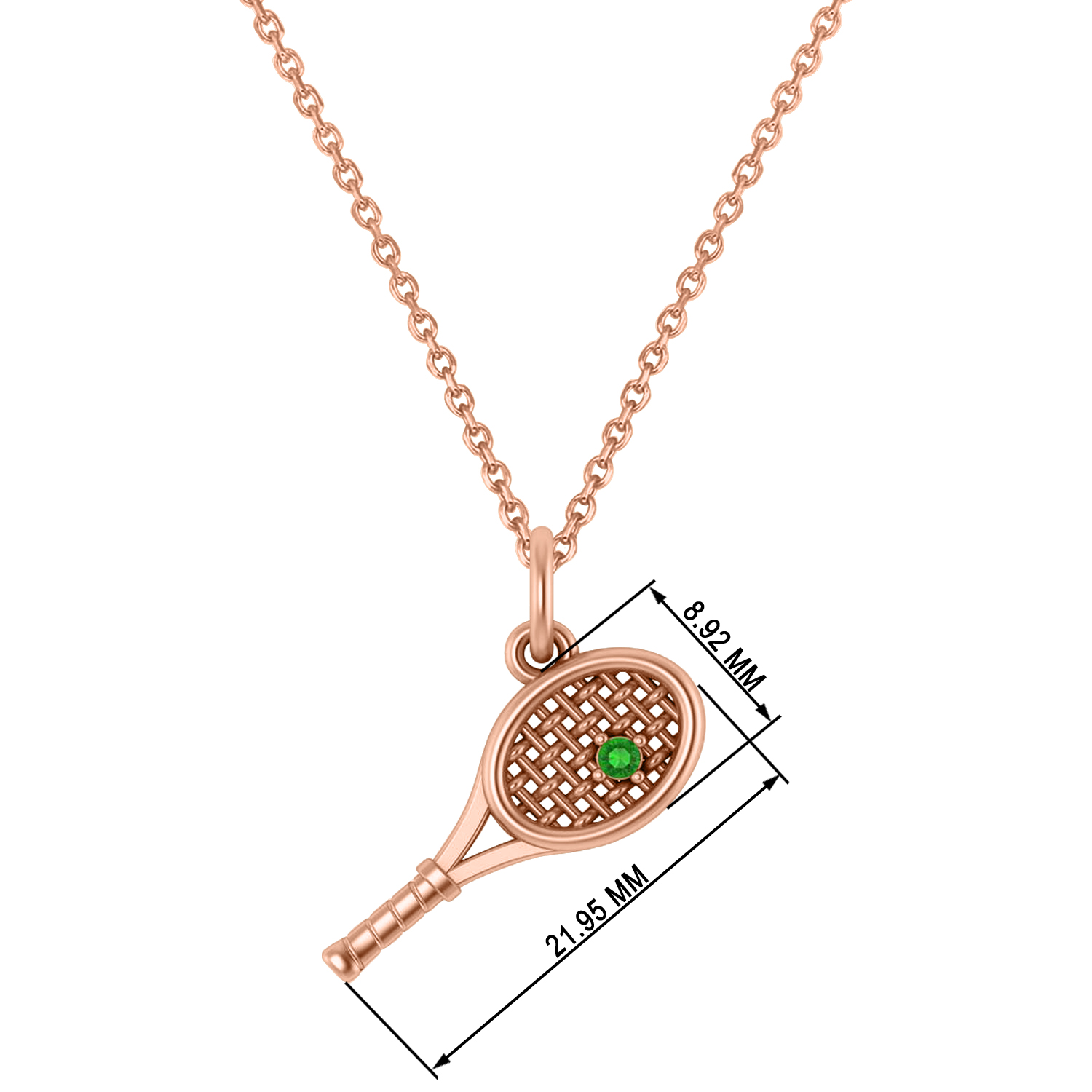 Tennis Racket With  Emerald Ball Charm Pendant Necklace 14K Rose Gold (0.03ct)