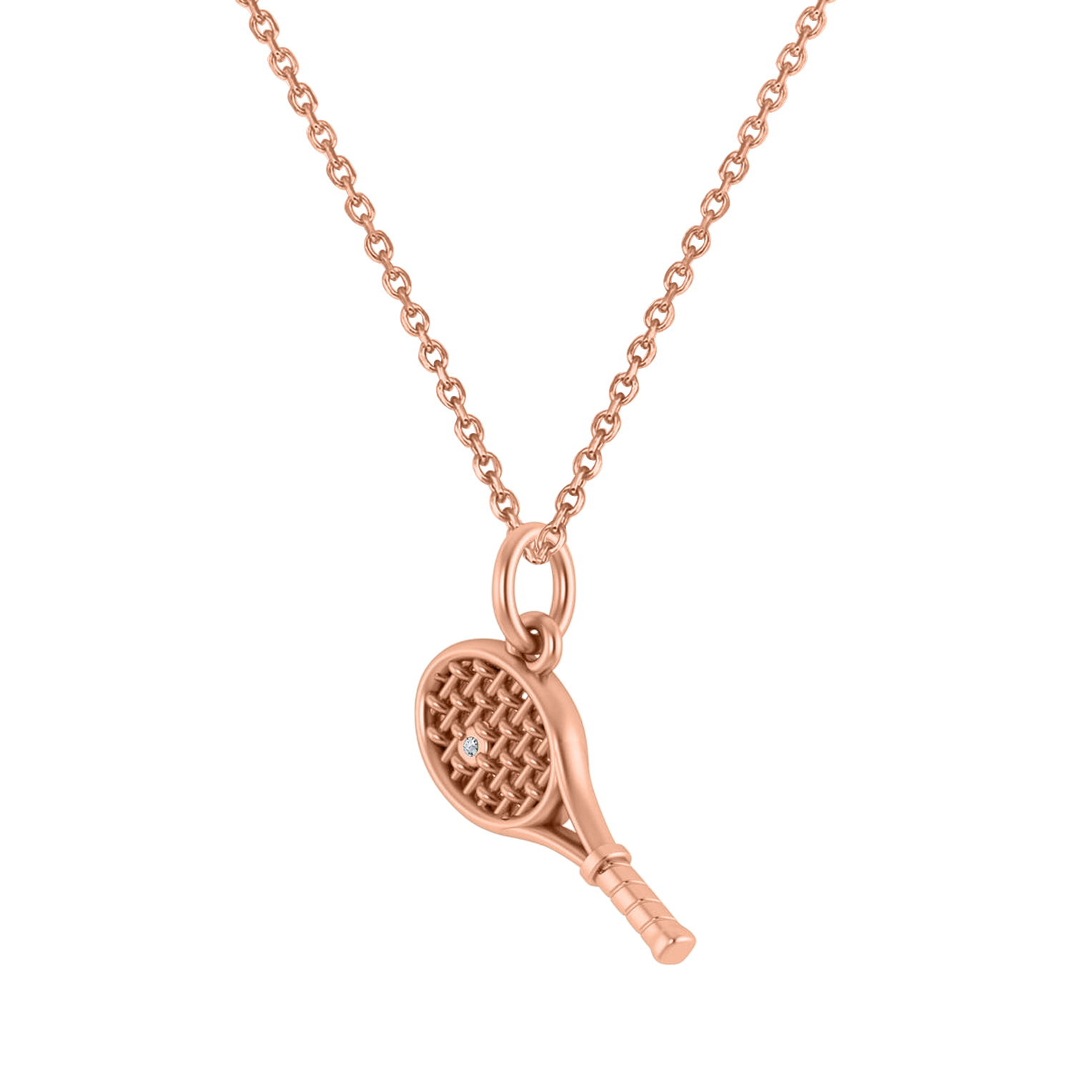Tennis Racket With Diamond Ball Charm Pendant Necklace 14K Rose Gold (0.03ct)
