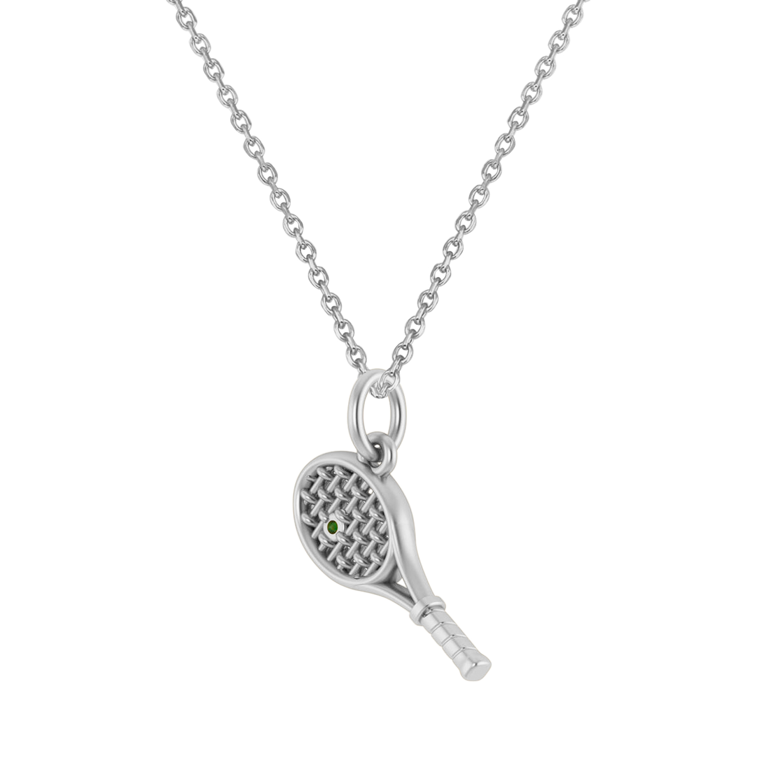 Tennis Racket With Emerald Ball Charm Pendant Necklace 14K White Gold (0.03ct)