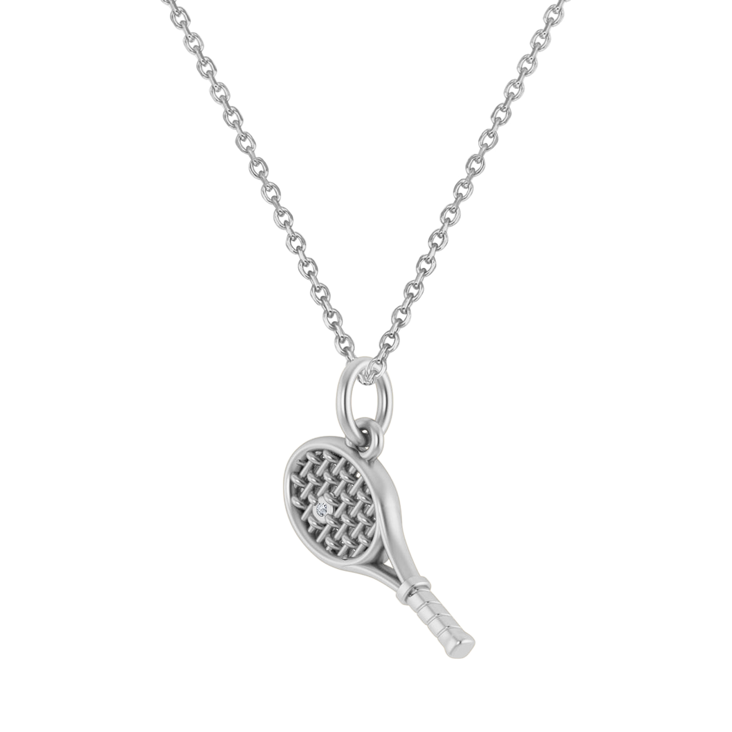 Tennis Racket With Diamond Ball Charm Pendant Necklace 14K White Gold (0.03ct)