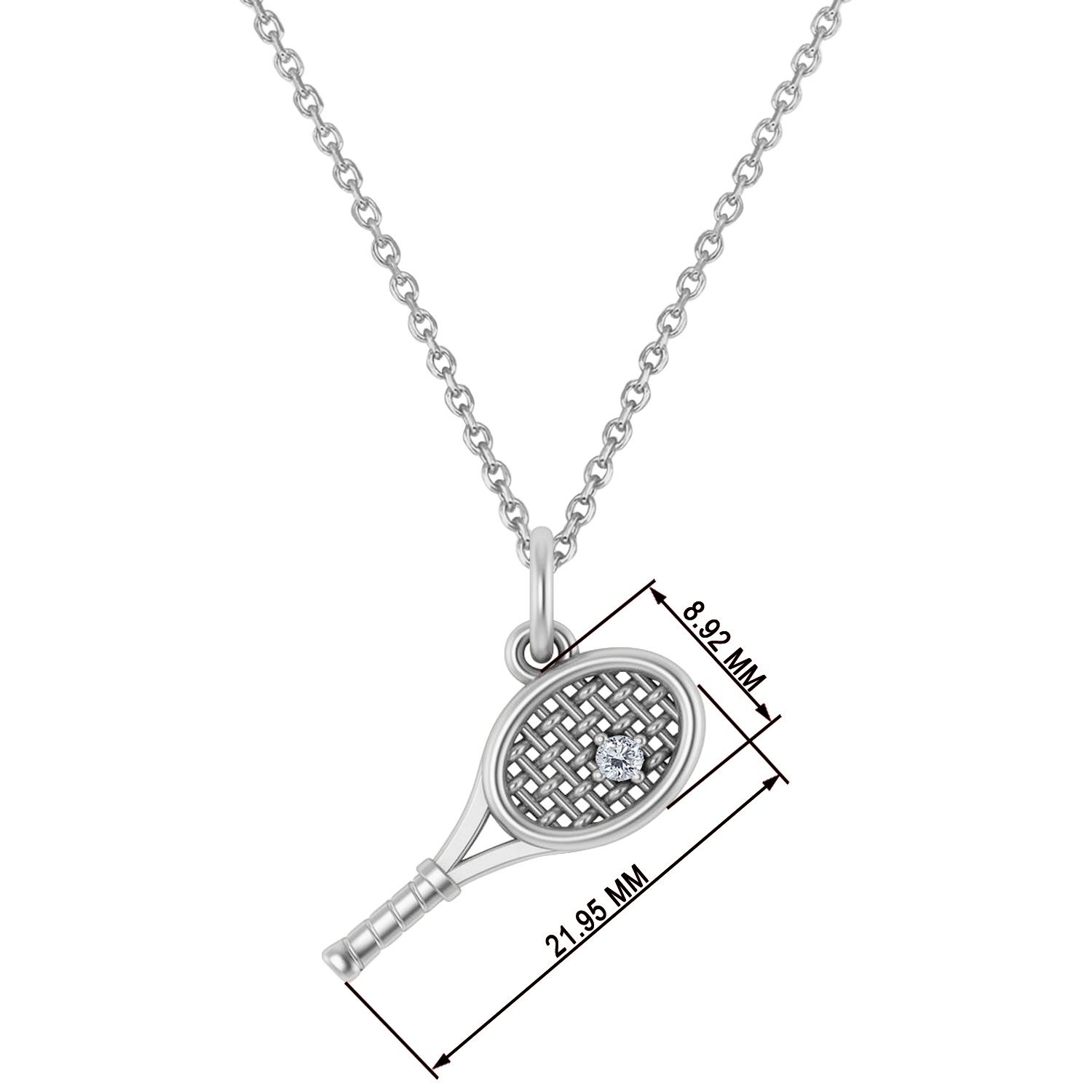 Tennis Racket With Diamond Ball Charm Pendant Necklace 14K White Gold (0.03ct)