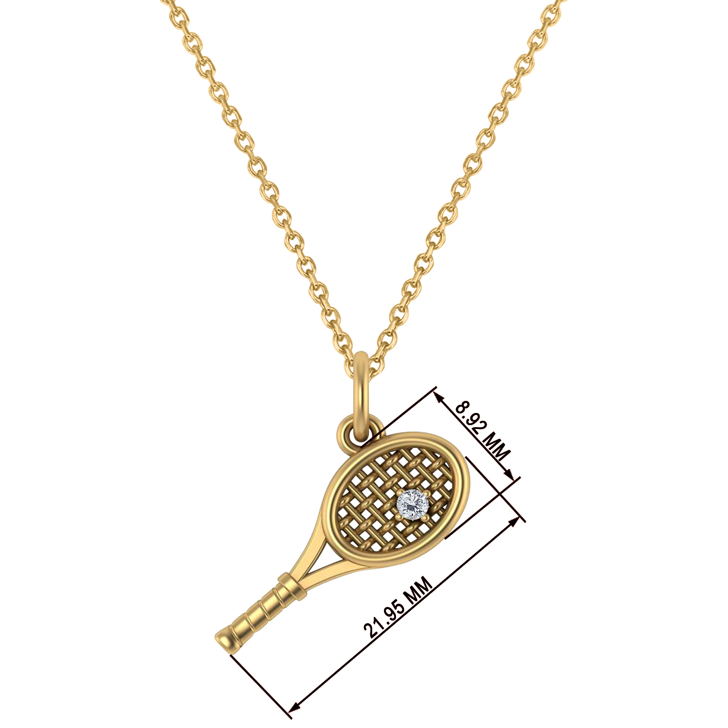 Tennis Racket With Diamond Ball Charm Pendant Necklace 14K Yellow Gold (0.03ct)
