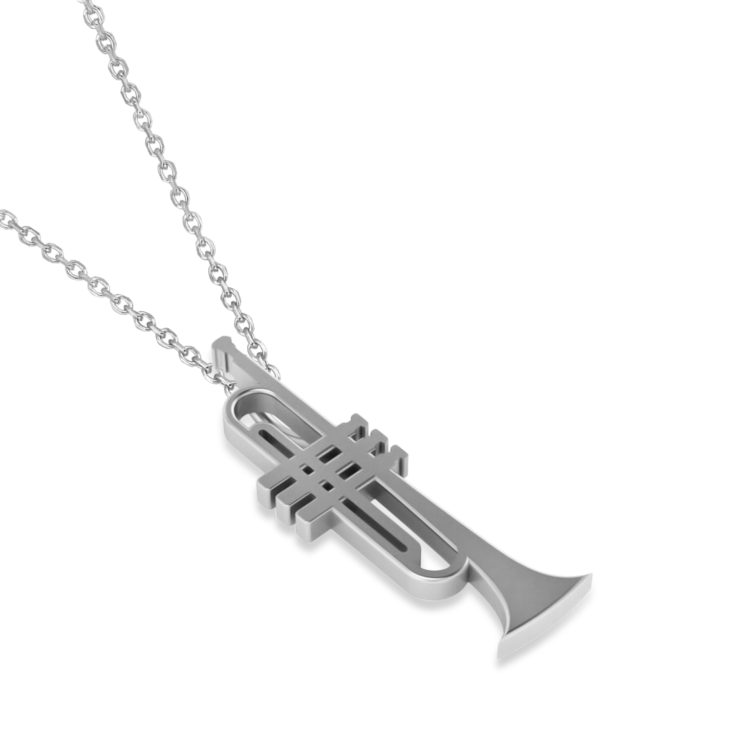 Trumpet Music Pendant Necklace 14K White Gold
