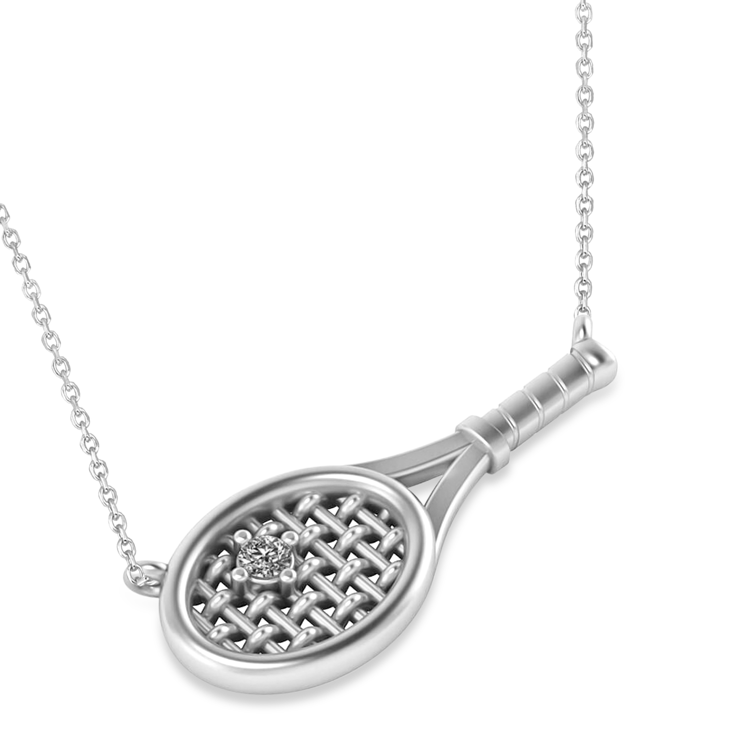 Tennis Racket with Diamond Ball Pendant Necklace 14k White Gold (0.05ct)