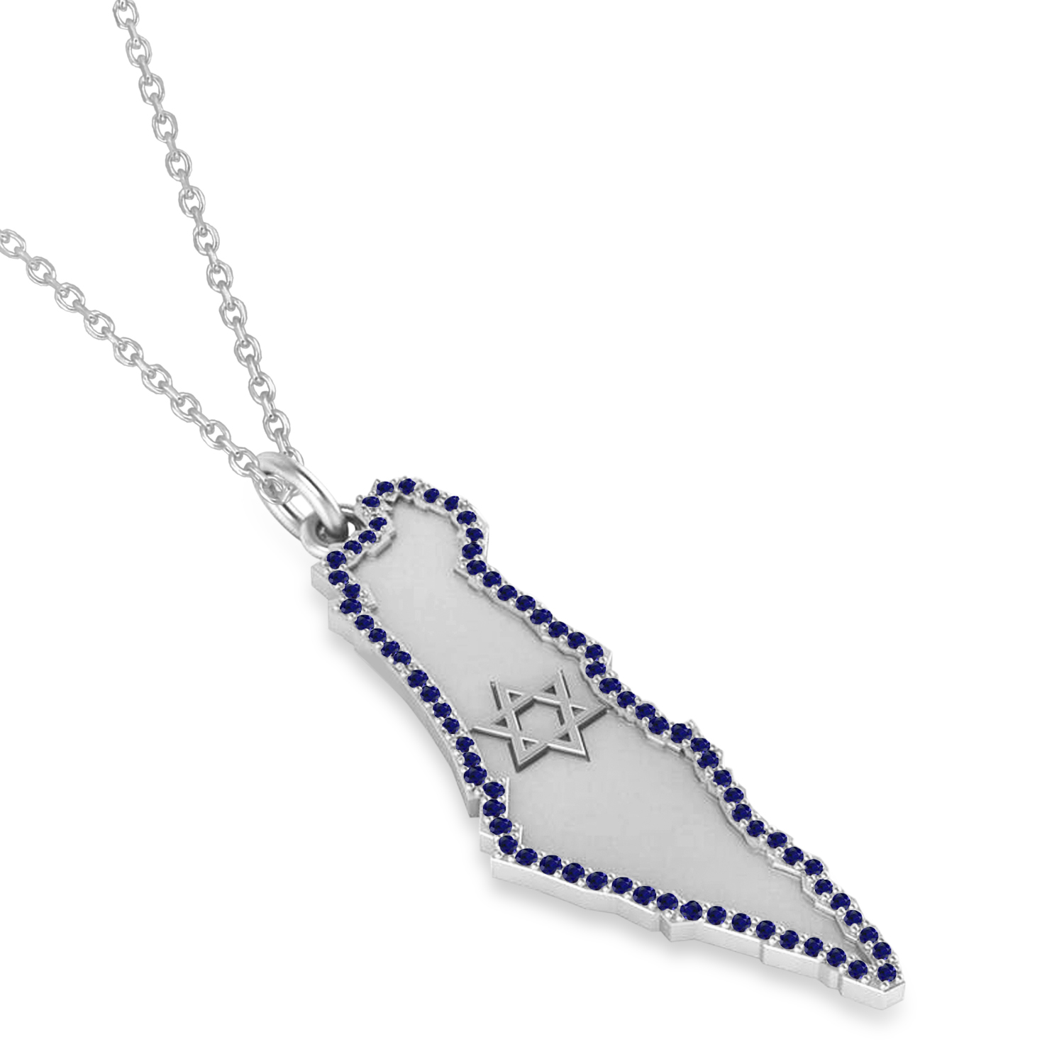 Blue Sapphire Israel Map Pendant Necklace in Sterling Silver (0.37ct)