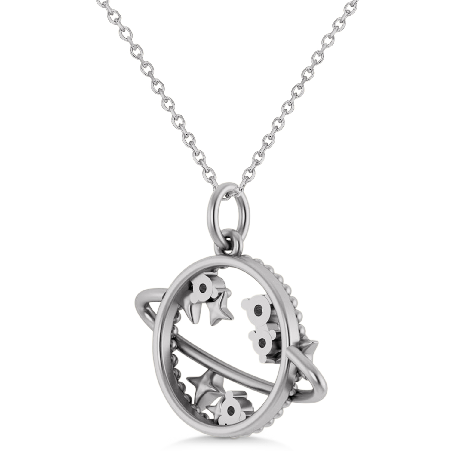 Diamond Planet & Stars Beaded Pendant Necklace 14K White Gold (0.25ct)