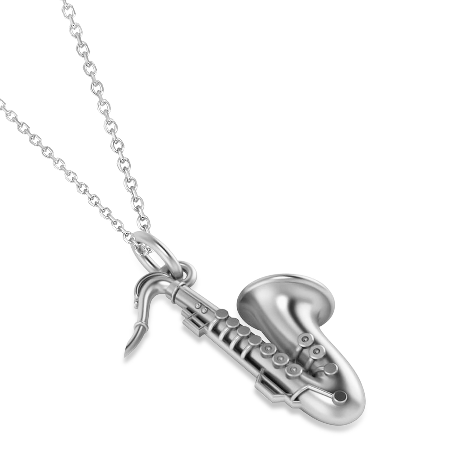 Saxophone Music Pendant Necklace 14K White Gold