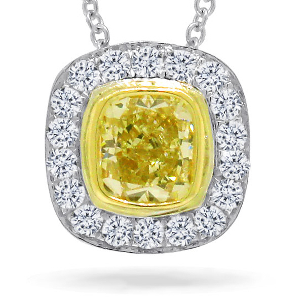 0.66ct 14k Twotone Gold Cushion Cut Natural Yellow Diamond Pendant