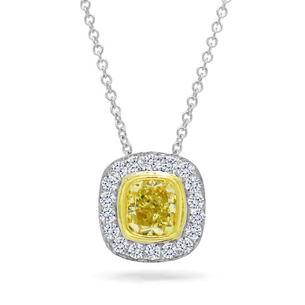 0.66ct 14k Twotone Gold Cushion Cut Natural Yellow Diamond Pendant