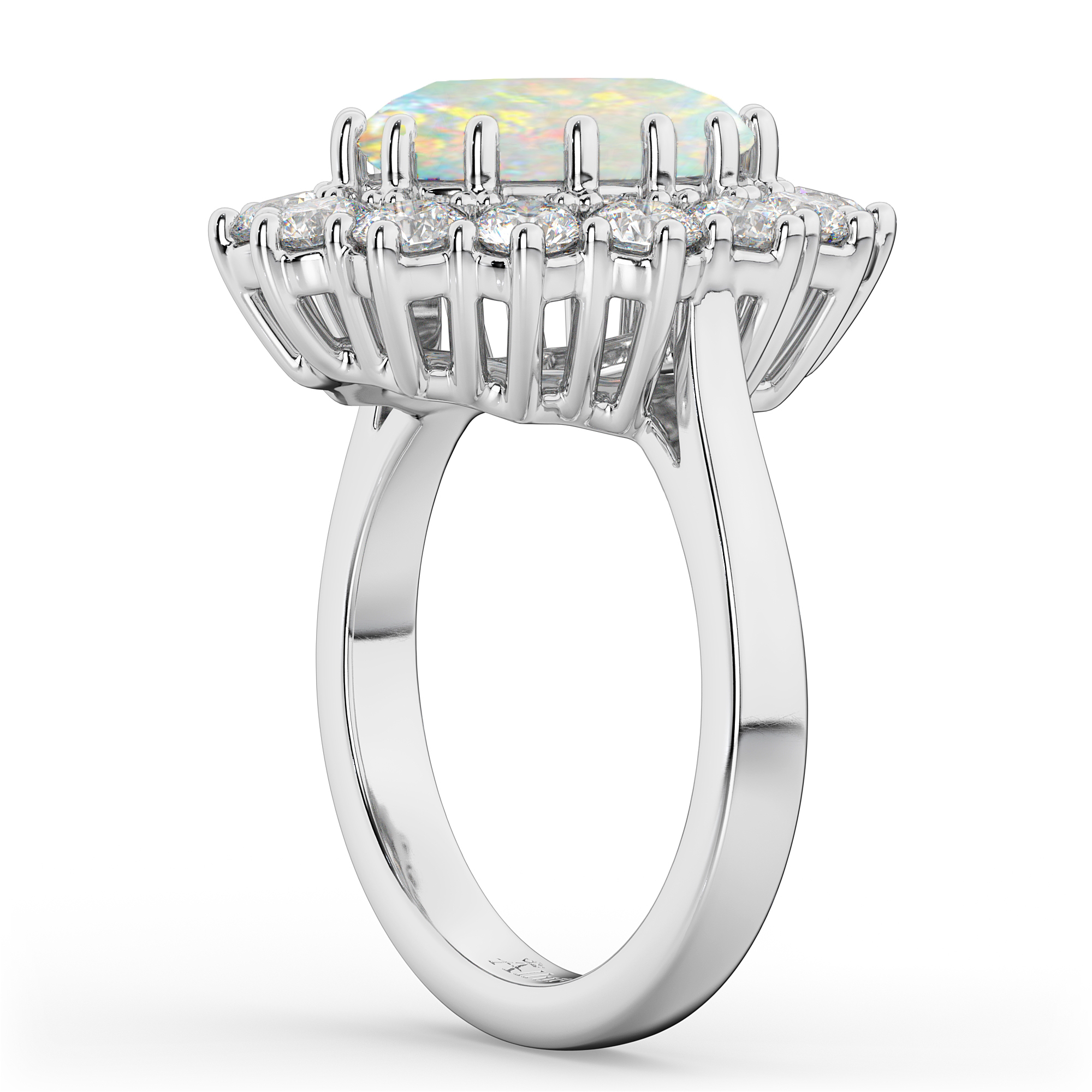 Custom-Made Oval Opal & Diamond Halo Lady Di Ring 14k White Gold (7ct)