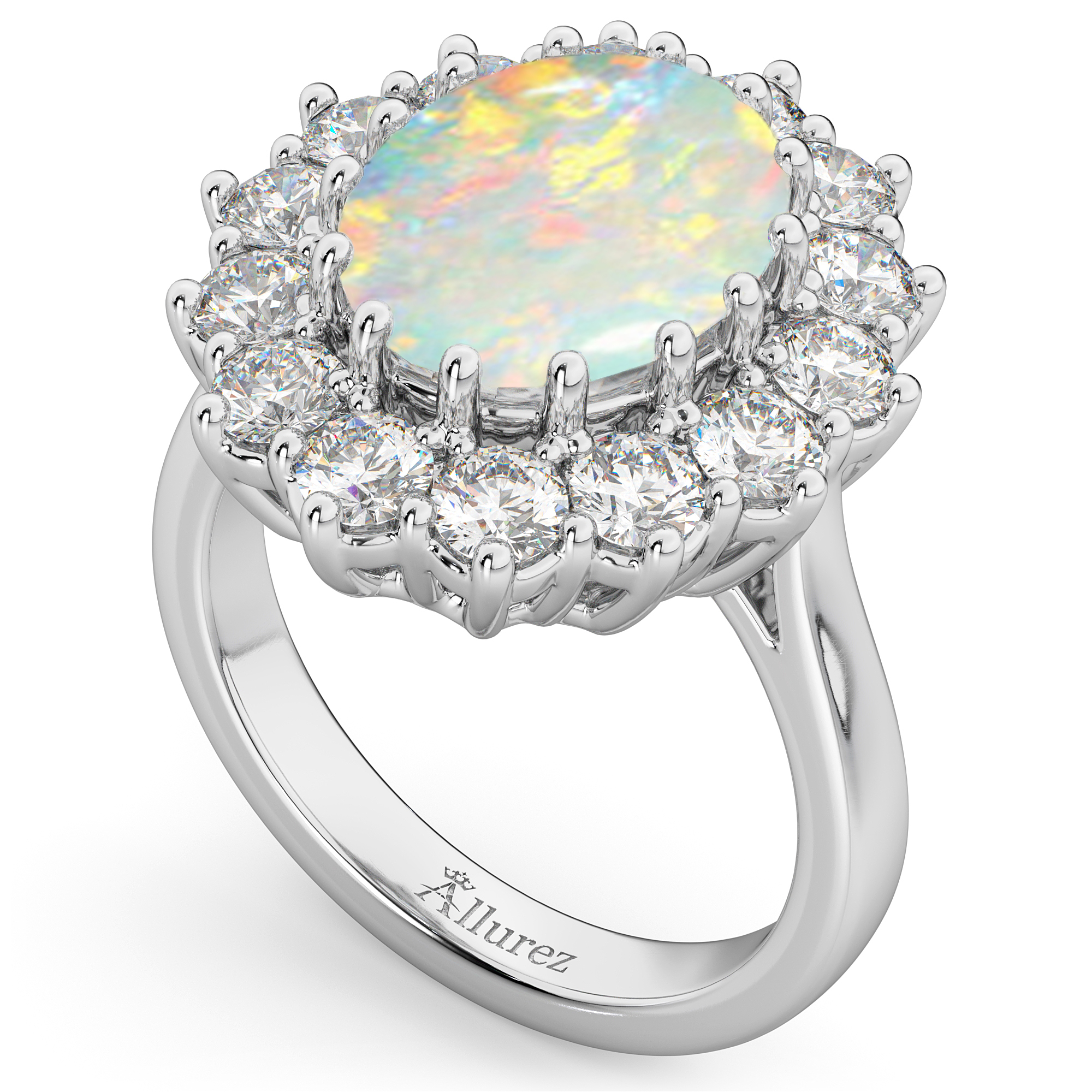 Custom-Made Oval Opal & Diamond Halo Lady Di Ring 14k White Gold (7ct)