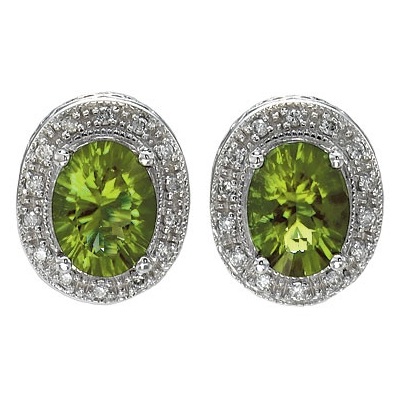 Oval Peridot and Diamond Earrings 14k White Gold (8x6mm)
