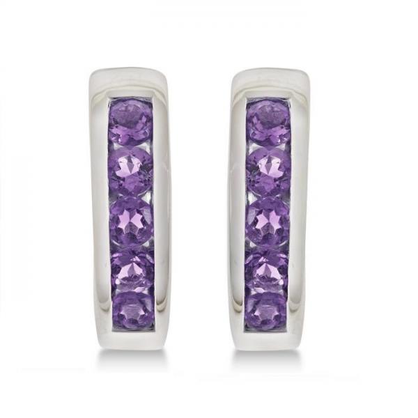 Purple Amethyst Hoop Earrings Channel Set Sterling Silver (0.70ct)