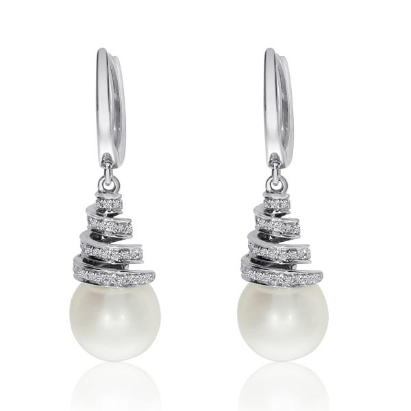 Diamond Accented Pearl Swirl Drop Earrings 14k White Gold 8mm 0.22ct