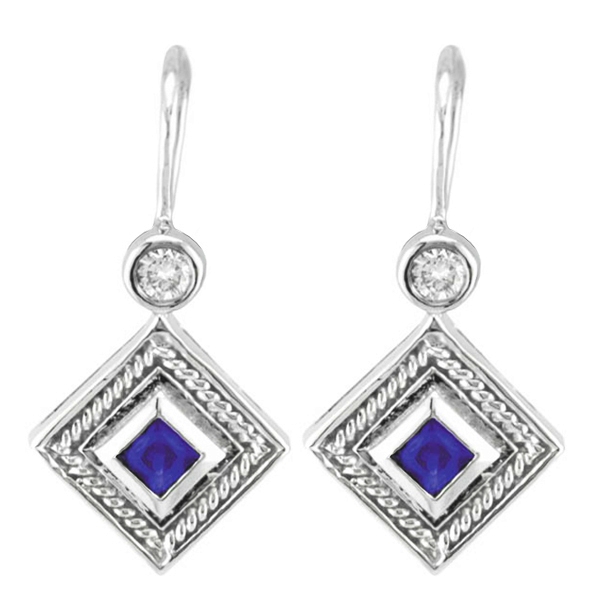 Princess Cut Blue Sapphire and Diamond Earrings 14k White Gold IE32