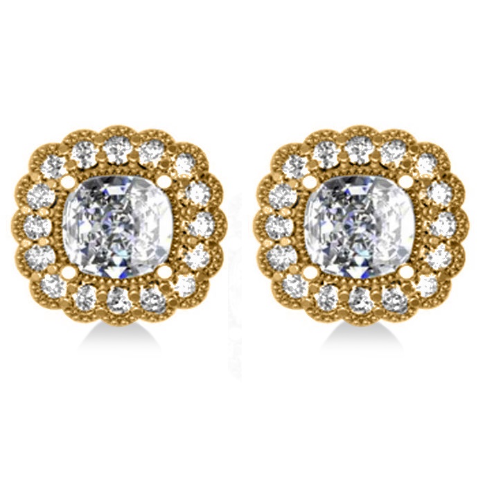 Floral Halo Cushion Cut Diamond Earrings 14k Yellow Gold (3.52ct)