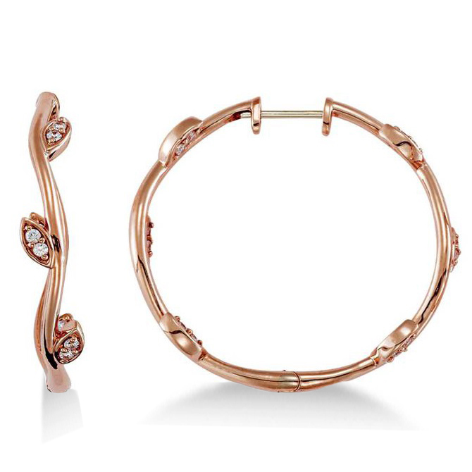 Diamond Accented Vine Leaf Loop Earrings 14k Rose Gold (0.36ct)