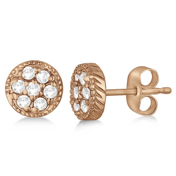 Antique Style Push Back Diamond Earrings Milgrain Edged 14k Rose Gold (0.30ct)