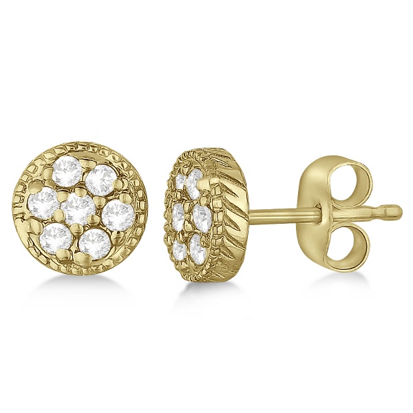 Antique Style Push Back Diamond Earrings Milgrain Edged 14k Yellow Gold (0.30ct)
